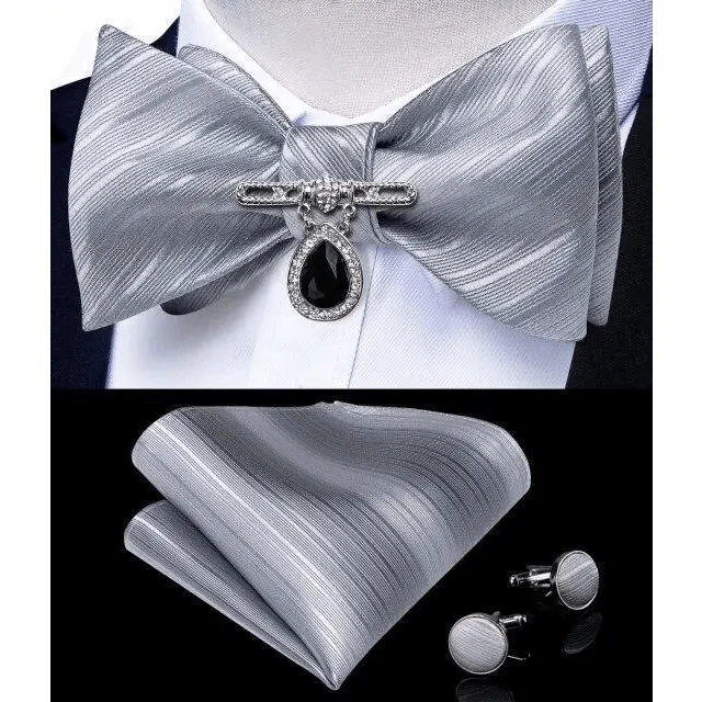 Business Elegant Gold Black Pattern Elegant Wedding Silk Bowtie Men Butterfly Fashion Bow Ties Pocket Square Classic Business Tuxedo Wedding Bowties Handkerchief Set