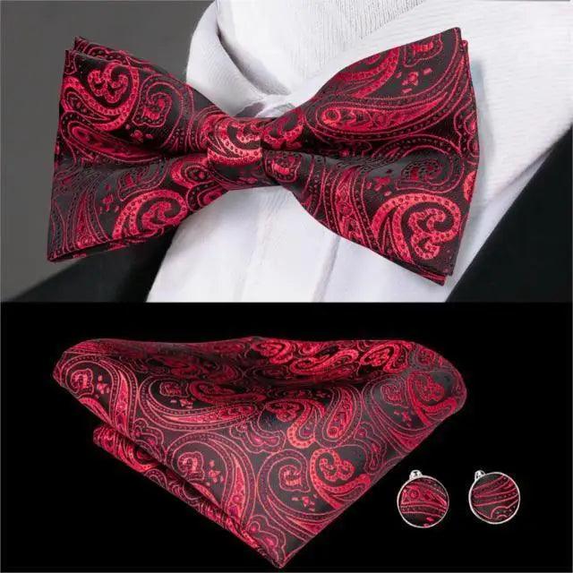 Business Red Color Butterfly Bow Tie Pocket Square Cufflinks Suit Set For Men Adjustable Self Bowtie Formal Bowtie Set Solid Color Necktie Silk Bow Tie Pocket Square Cuff Links