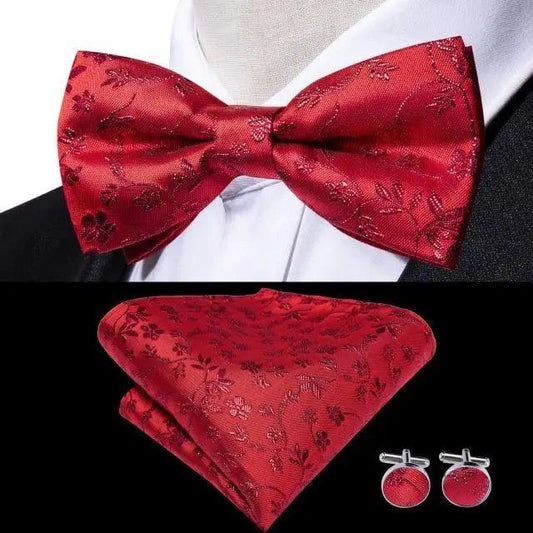 Business Red Color Butterfly Bow Tie Pocket Square Cufflinks Suit Set For Men Adjustable Self Bowtie Formal Bowtie Set Solid Color Necktie Silk Bow Tie Pocket Square Cuff Links