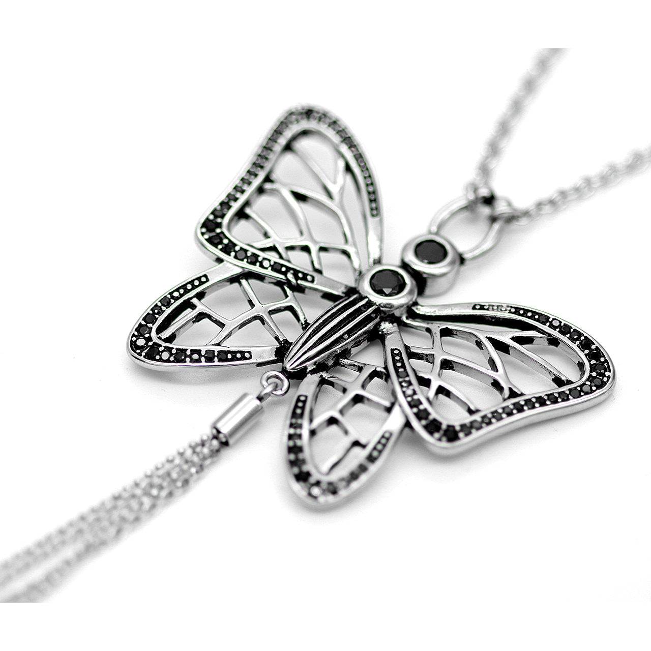 Butterfly Cubic Zirconia Tassel Pendant Necklace Silver