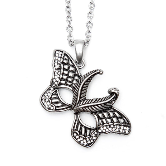 Collier Pendentif Masque Papillon Argent Strass