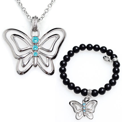 Butterfly Necklace And Bracelet Set Silver Pendant Beaded