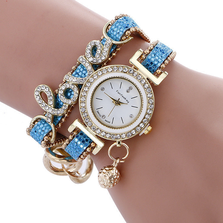 Crystal Leather LOVE Bracelet Womens Watch