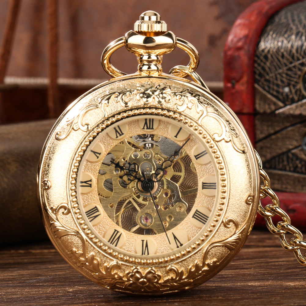 Retro Gold Hollow Out Roman Manual Mechanical Large Pocket Watch Chain Watch