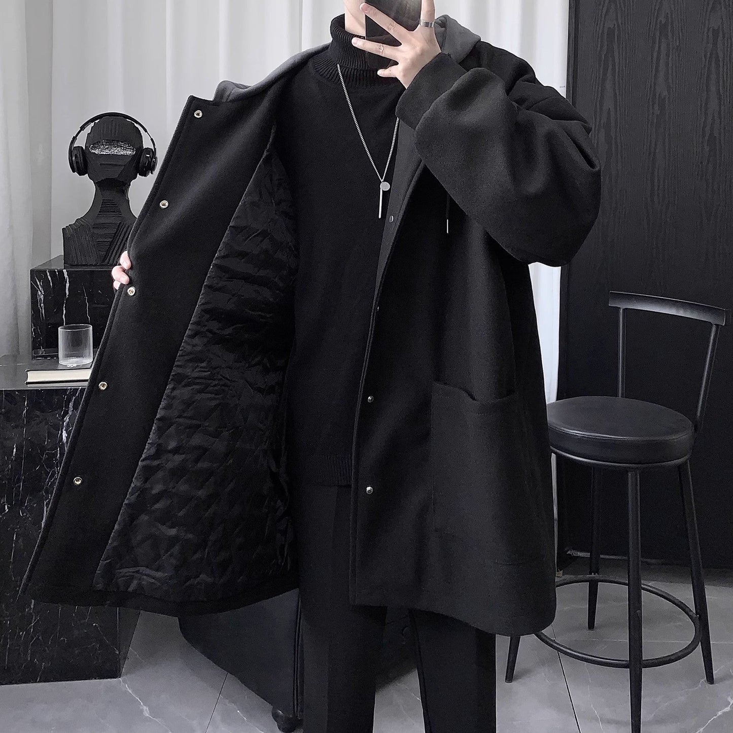 Quilted Hooded Jacket Mens Mid-Length Wool Coat