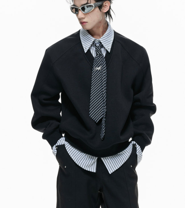 Striped Mock-two-piece Lapel Hoodie Cropped And Relaxed-fit
