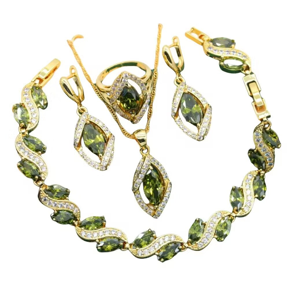 Anti-allergy AAA Zircon Bracelet Necklace Earring Ring Gold Ornament Suit