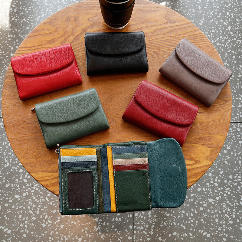 Genuine Leather Womens Short Wallet Card Holder With Multiple Card Slots
