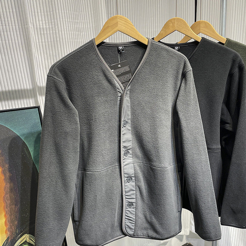 Collarless Casual Cardigan Sweatshirt Suitable For Layering As An Outerwear Piece