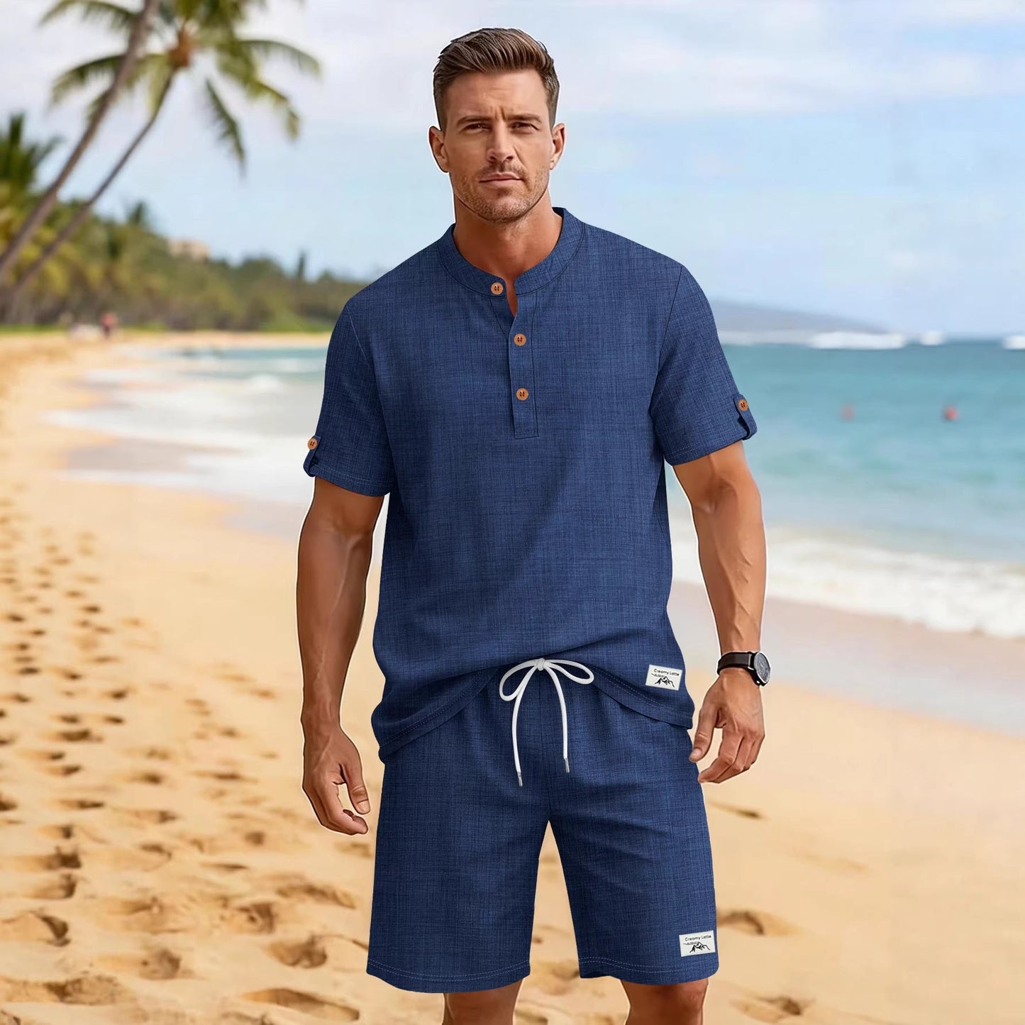 Mens Casual Henley Shirt And Shorts Sports Set