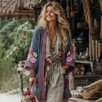 Ethnic-style Casual Linen Shawl With A Printed Shirt