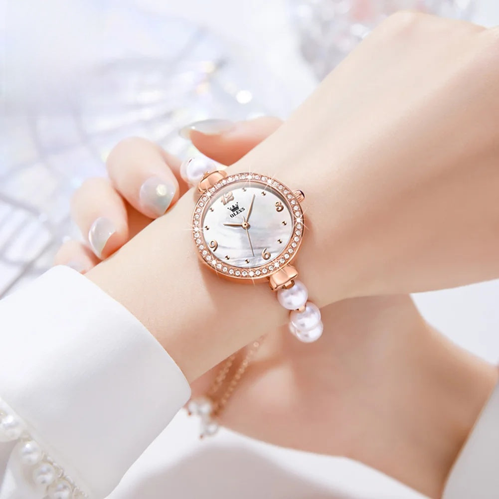Montre Bracelet Femme Perles, Lunette Cristal Rose Doré