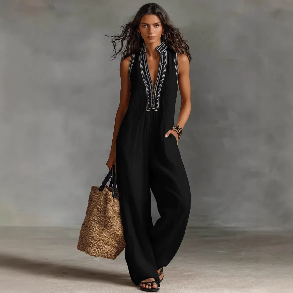 Women’s Simple Linen-Blend Sleeveless Jumpsuit