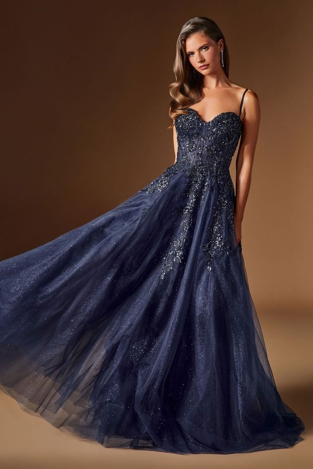 Ladivine C177 Floral Lace Applique A-Line Glitter Tulle Gown