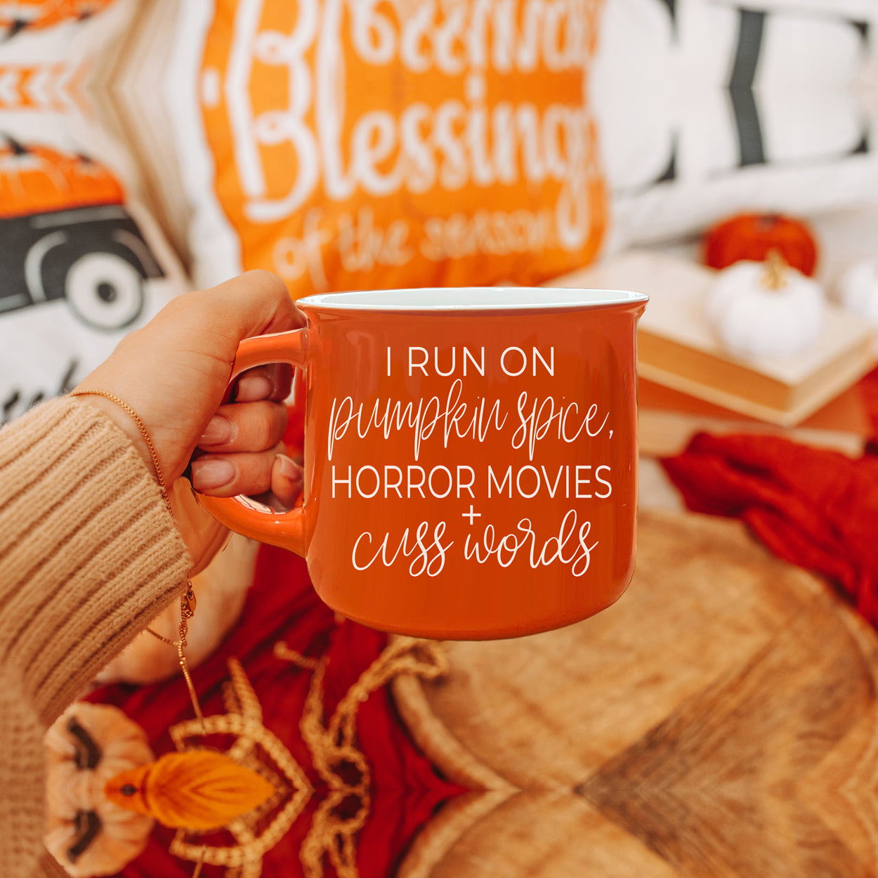 Pumpkin Horror Mug 14.5oz Orange Ceramic Campfire Dual-Sided White Text