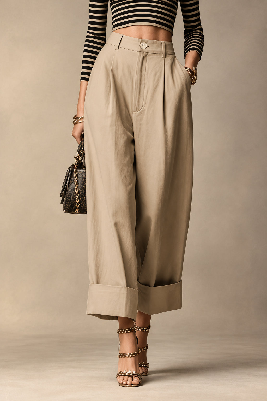 Women's Pleated Cuffed Straight-Leg Pants with Pockets