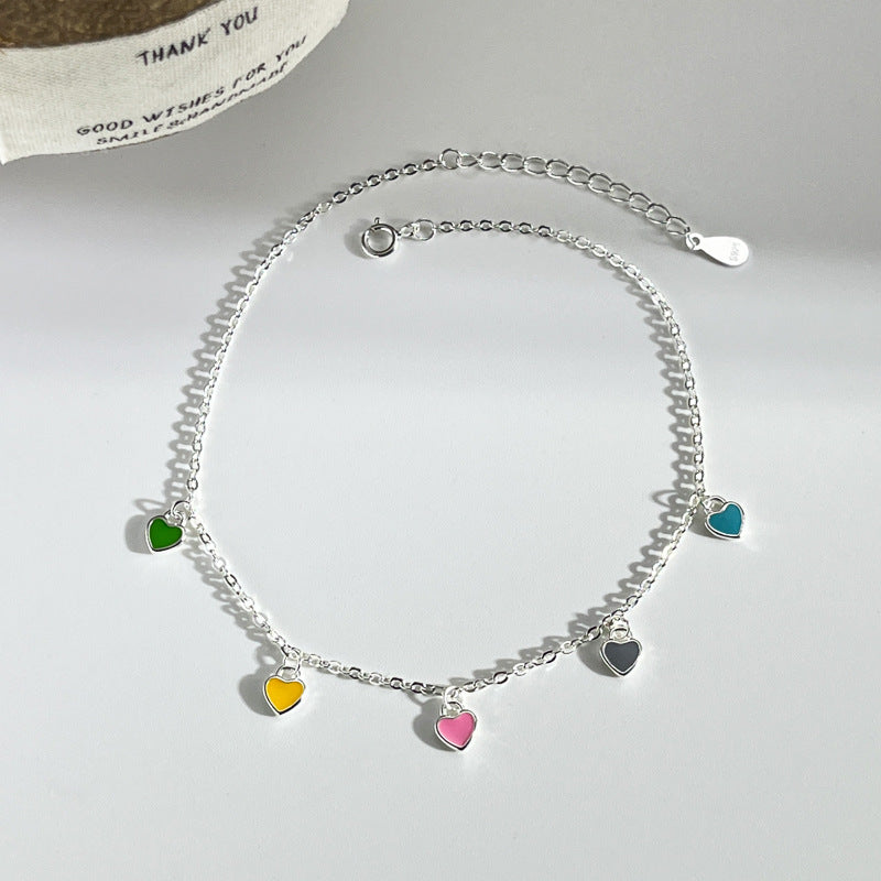925 Sterling Silver Colorful Heart Oil-Drop Anklet For Women