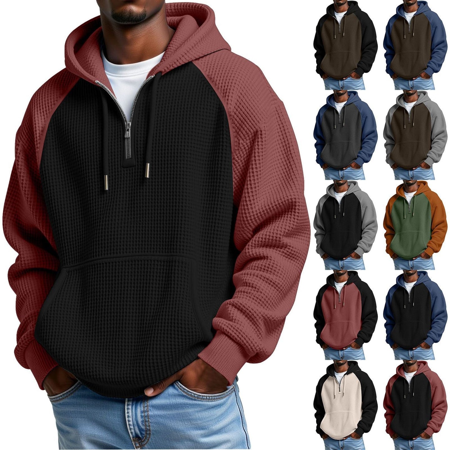 Color-block Waffle-knit Long-sleeve Hooded Jacket