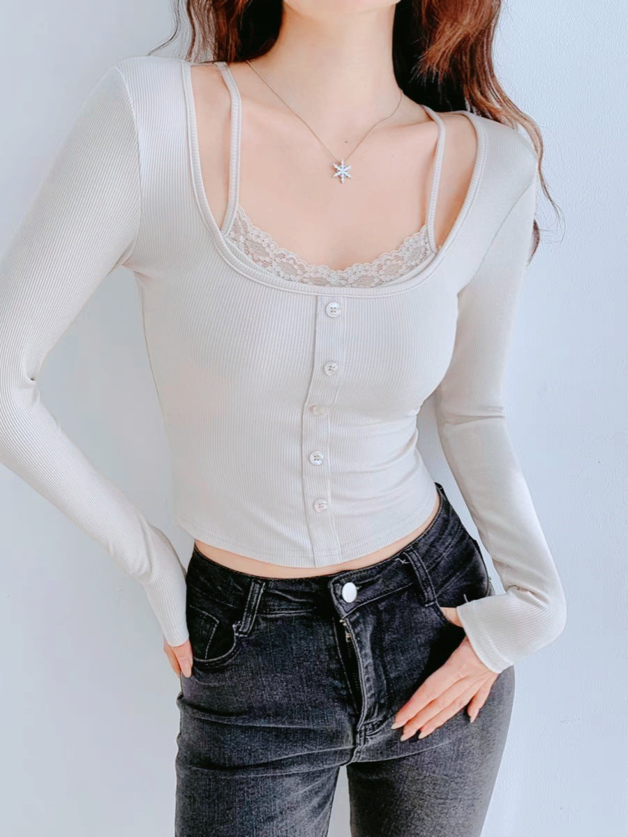 New Pure-temptation Sexy Faux Two-piece Lace Button-matched Long Sleeves