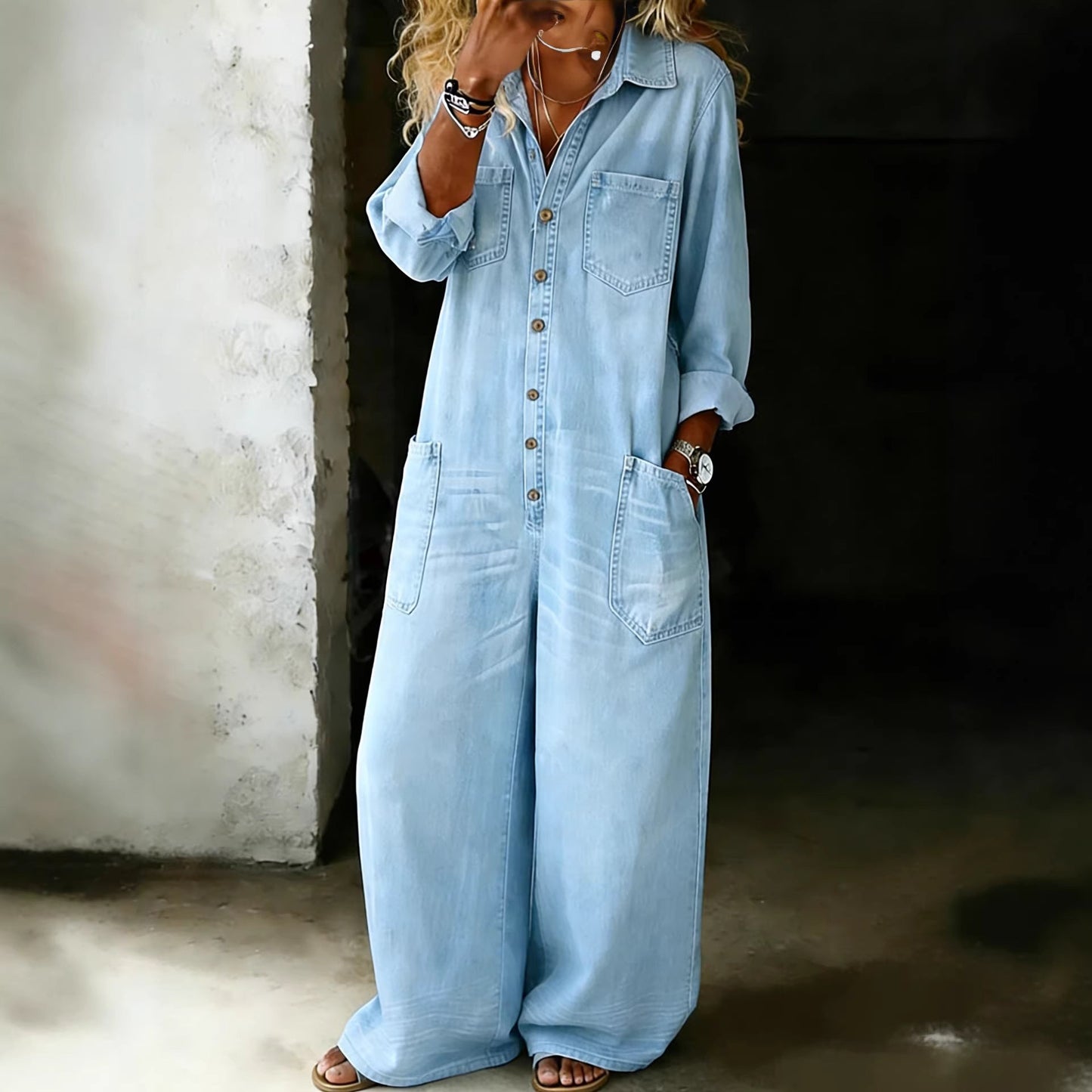 Women's Vintage Washed Wide-Leg Jumpsuit with Pockets