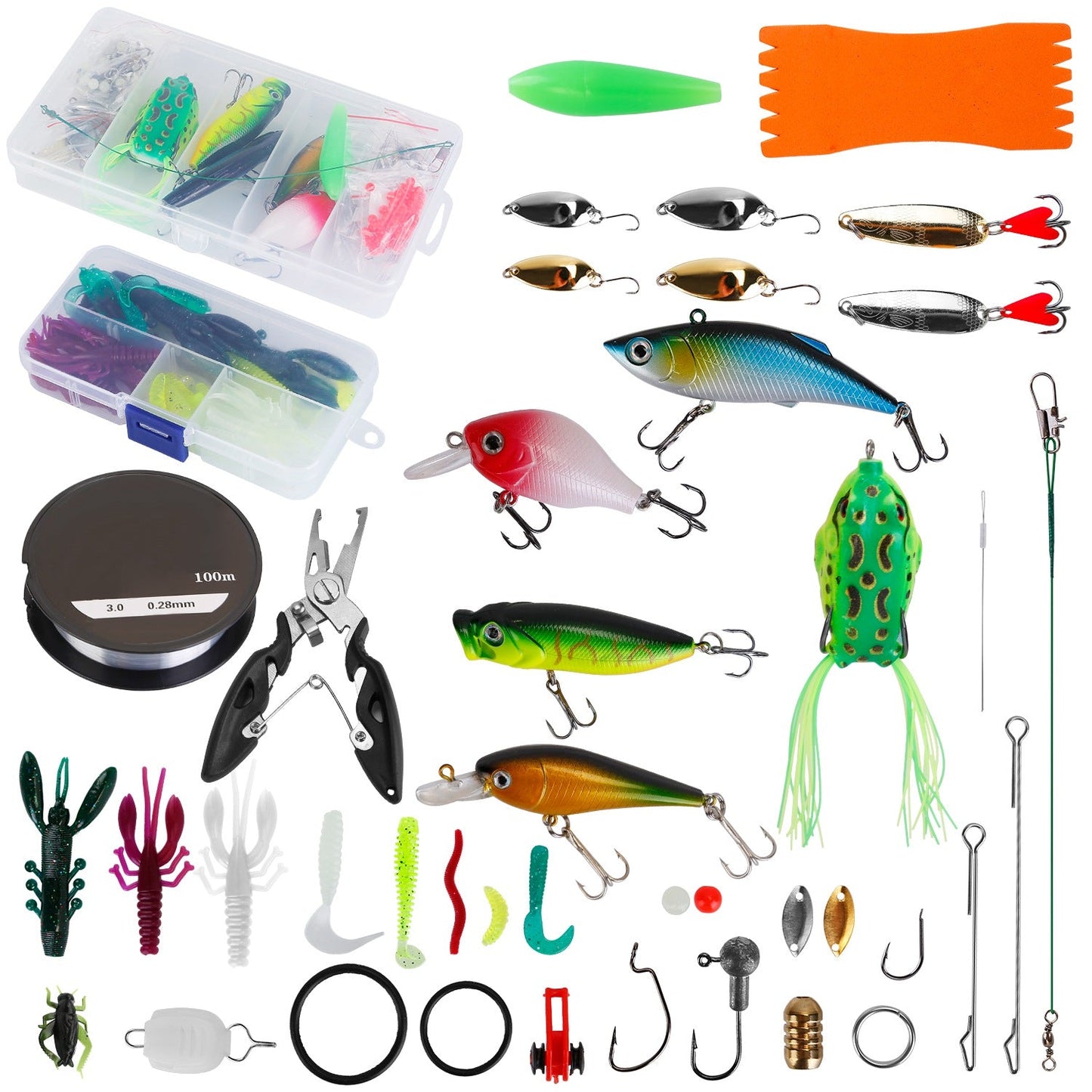 383-teiliges Angelköder-Set, Angelkasten, Bass-Angeln, animierter Köder, Crankbaits, Spinnerbaits, weicher Plastikwurm, Salzwasser-Süßwasser-Angelset