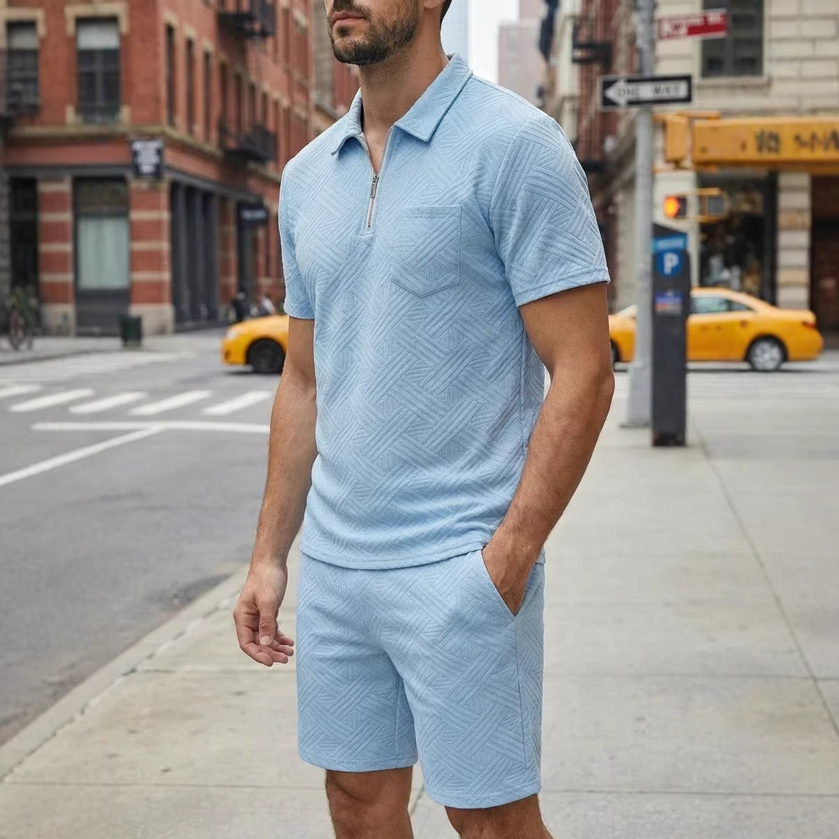 Mens Spring New Solid-Color Jacquard Zip-Up Set