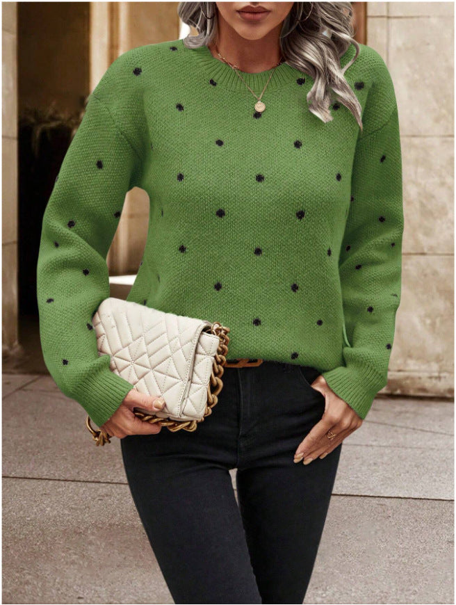 Ins Polka Dot Print Pullover Sweater Fashion Casual Long-sleeved Jacquard Knitted Top Winter Round Neck Clothing For Women