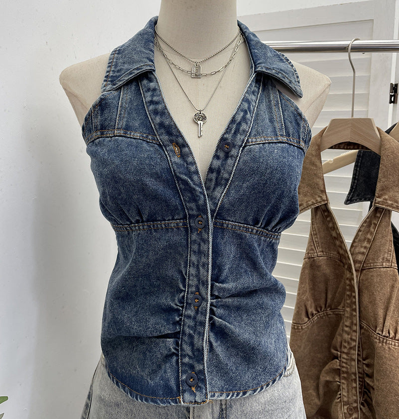 Neck-hanging V-neck Denim Vest Sleeveless Top For Women
