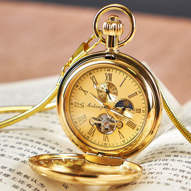 Dual-display Folding Cover Sun-moon-star Automatic Mechanical Pocket Watch