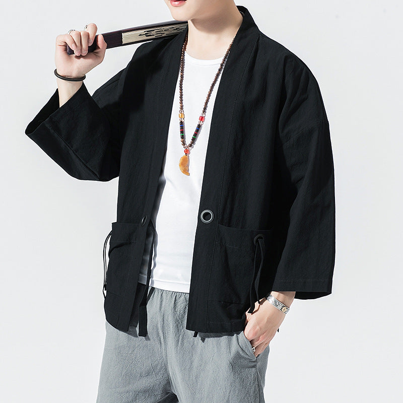 Chinese Style Cotton And Linen Cropped Sleeve Cardigan Baggy Coat Sun Protection Clothing