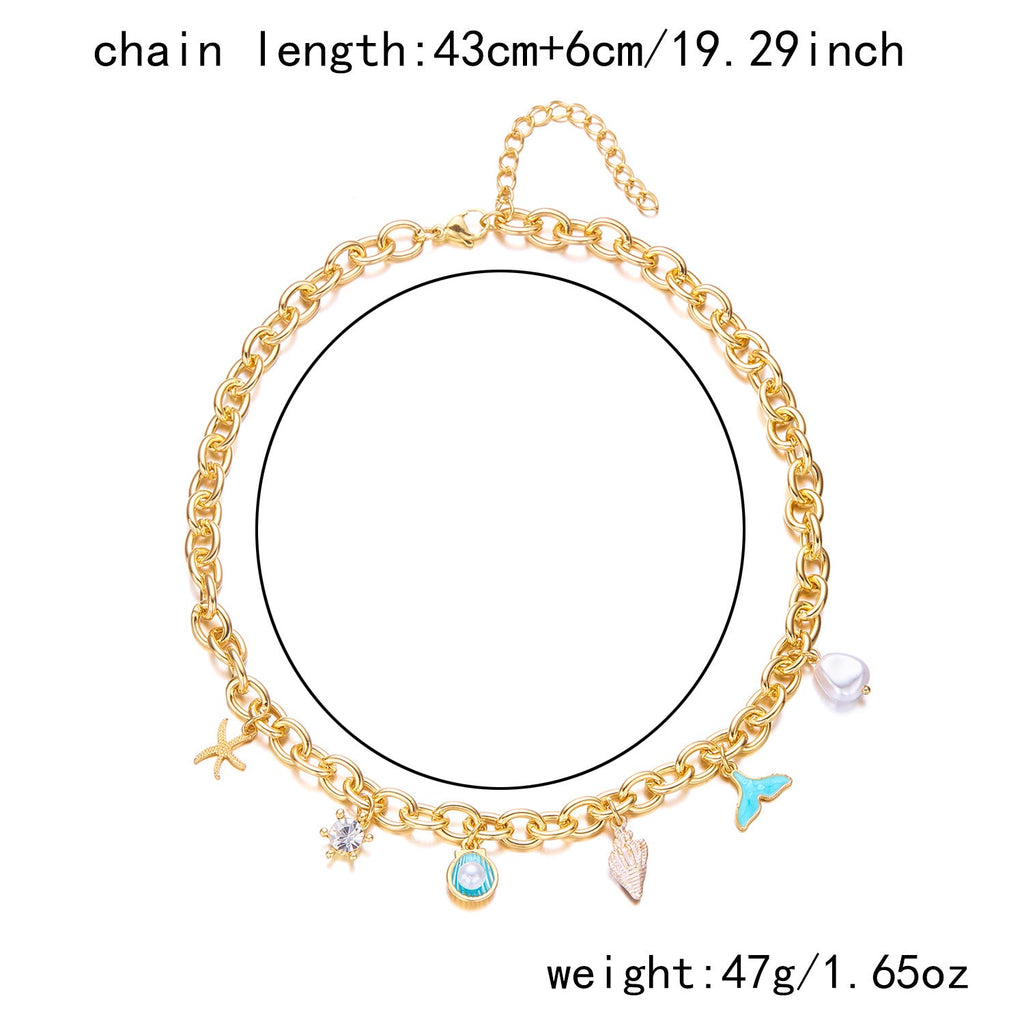 Women's Fashion Starfish Pearl Shell Fishtail Multi-pendant Necklace Bracelet