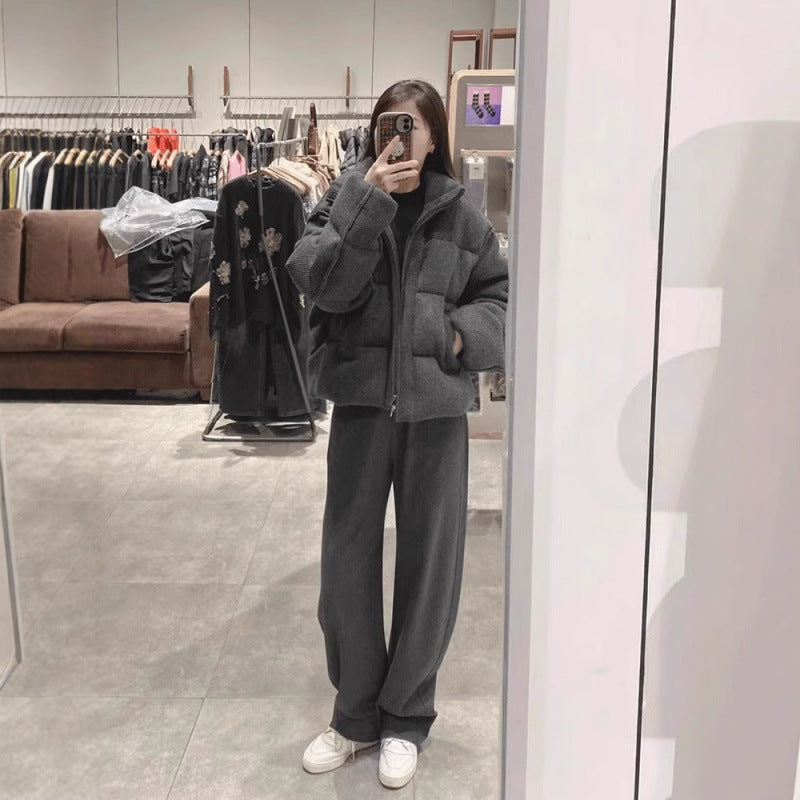 Korean-style Retro Gray Stand-collar Corduroy Loose Cotton Padded Jacket