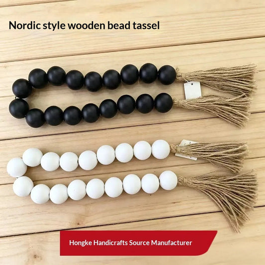 18-bead Large-size Bead Necklace With Hemp Rope Tassels And Wooden Beads