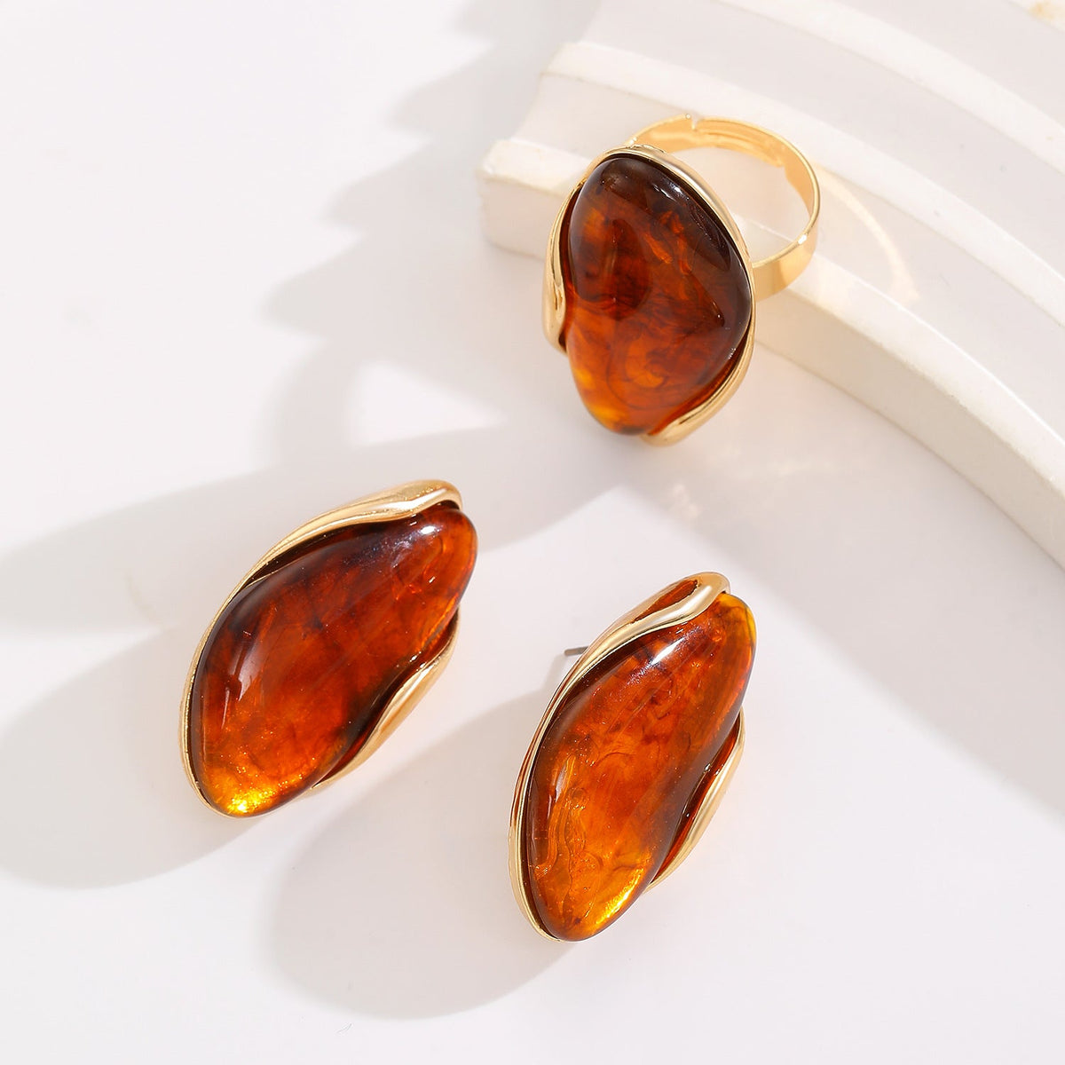 Vintage Coffee-colored Electroplated Earring And Ring Set Jewelry