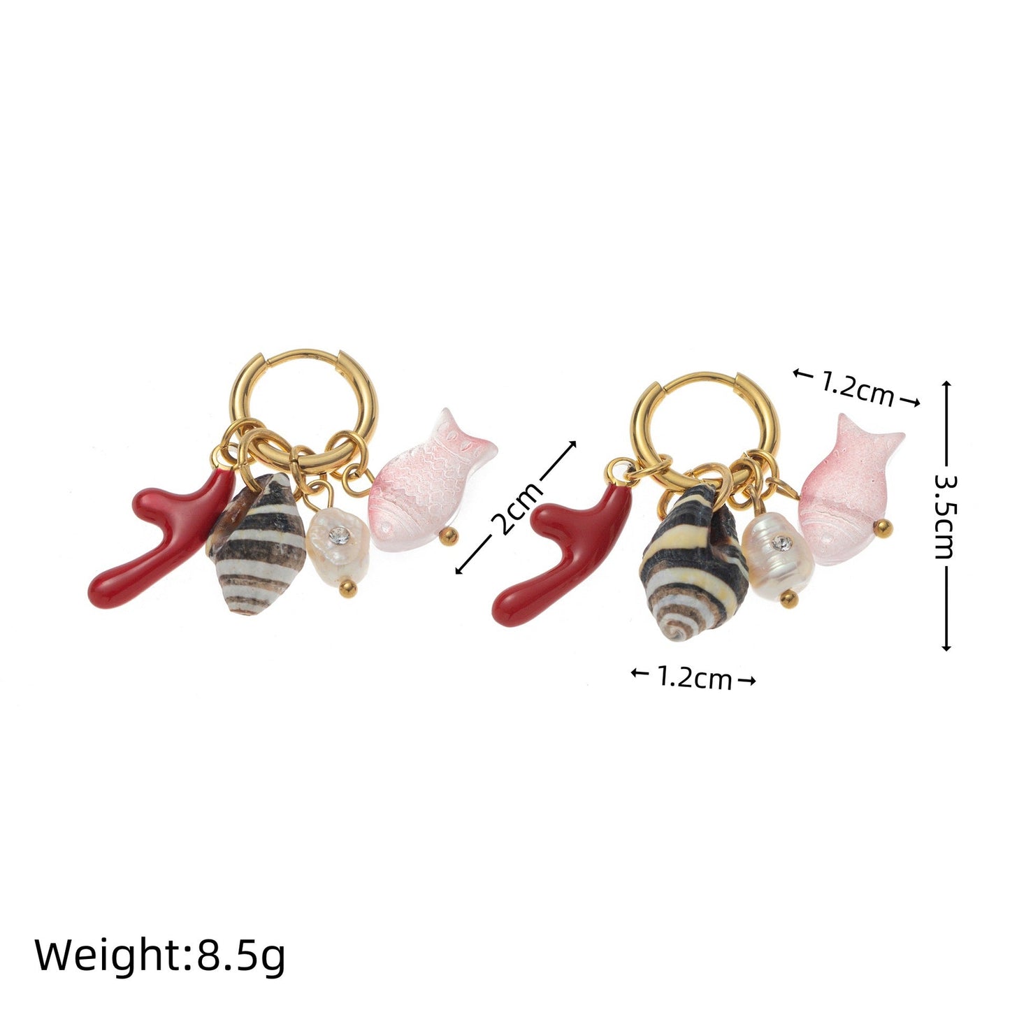 Fashionable Coral Small Fish And Conch Shell Earrings