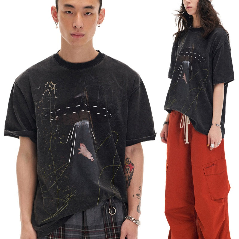 Orange Short-Sleeve T-Shirt With A Flying Saucer And Piglet Print