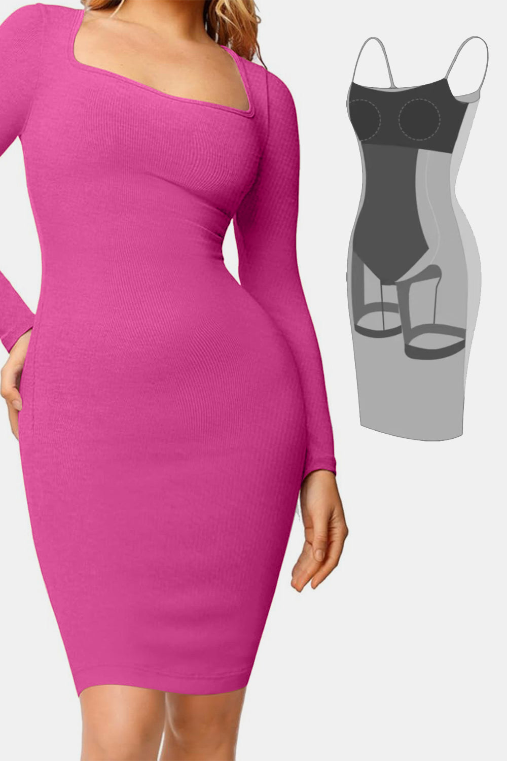 Elegant Black Full Size Built-In Shapewear Square Neck Long Sleeve Dress Sculpting Fit Dress for Women