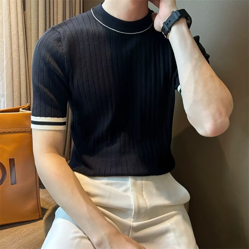 Men's Short-Sleeve Ice Silk Knit Shirt Crew-Neck Slim-Fit Sweater