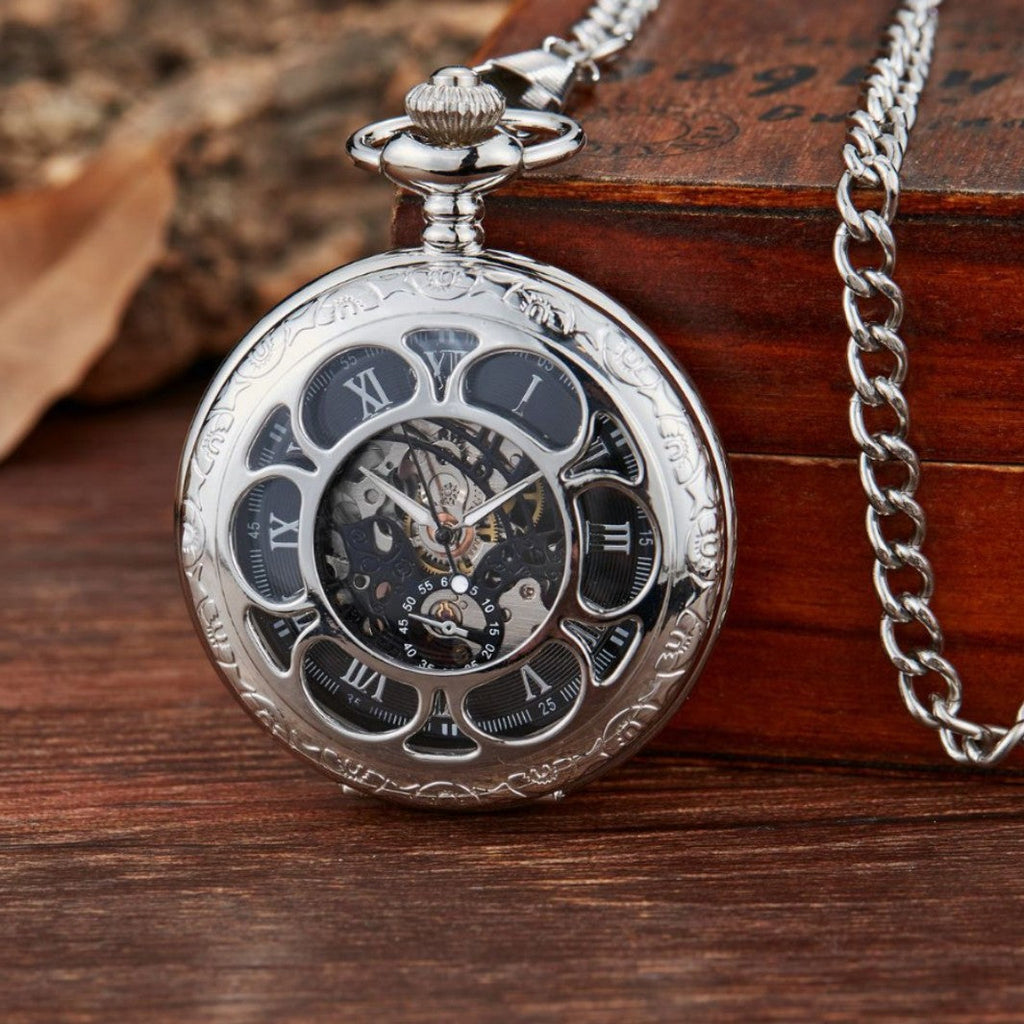 Gun-black Petal Blue-dial Mechanical Pocket Watch