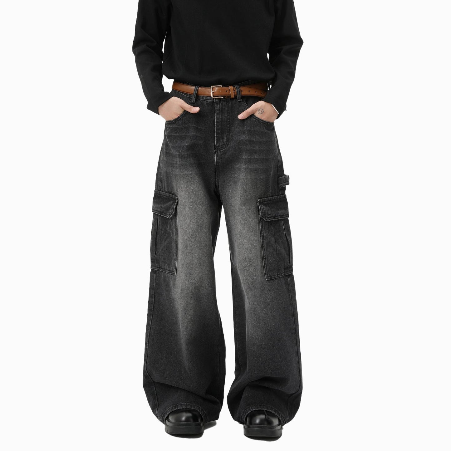 Bleached Wide-leg Multi-pocket Straight-leg Casual Work Pants