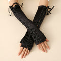 Long Black Satin Arm Sleeve Long For Wedding Lace-up Fingerless Gloves