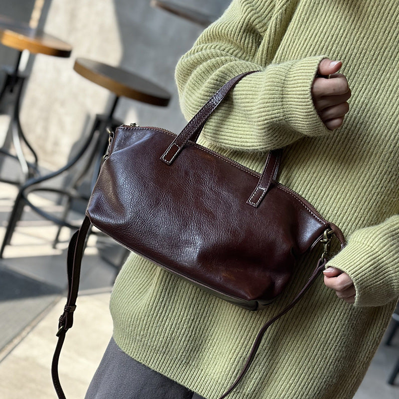 Cowhide Tree-bark Textured Wrinkled Single-shoulder Crossbody Bag