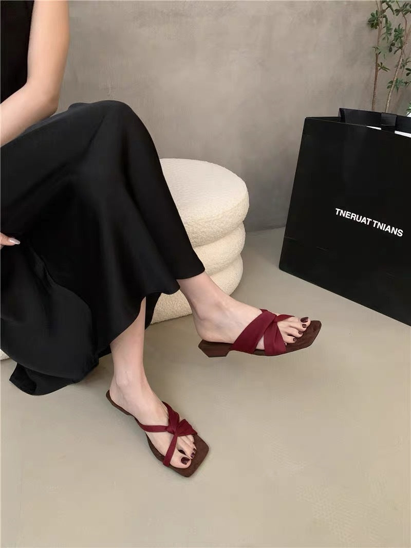 Women French Unique Design Block Heel Slide Sandals, 2026 New Summer Square Toe Open Toe Mid Heel Outdoor Slippers