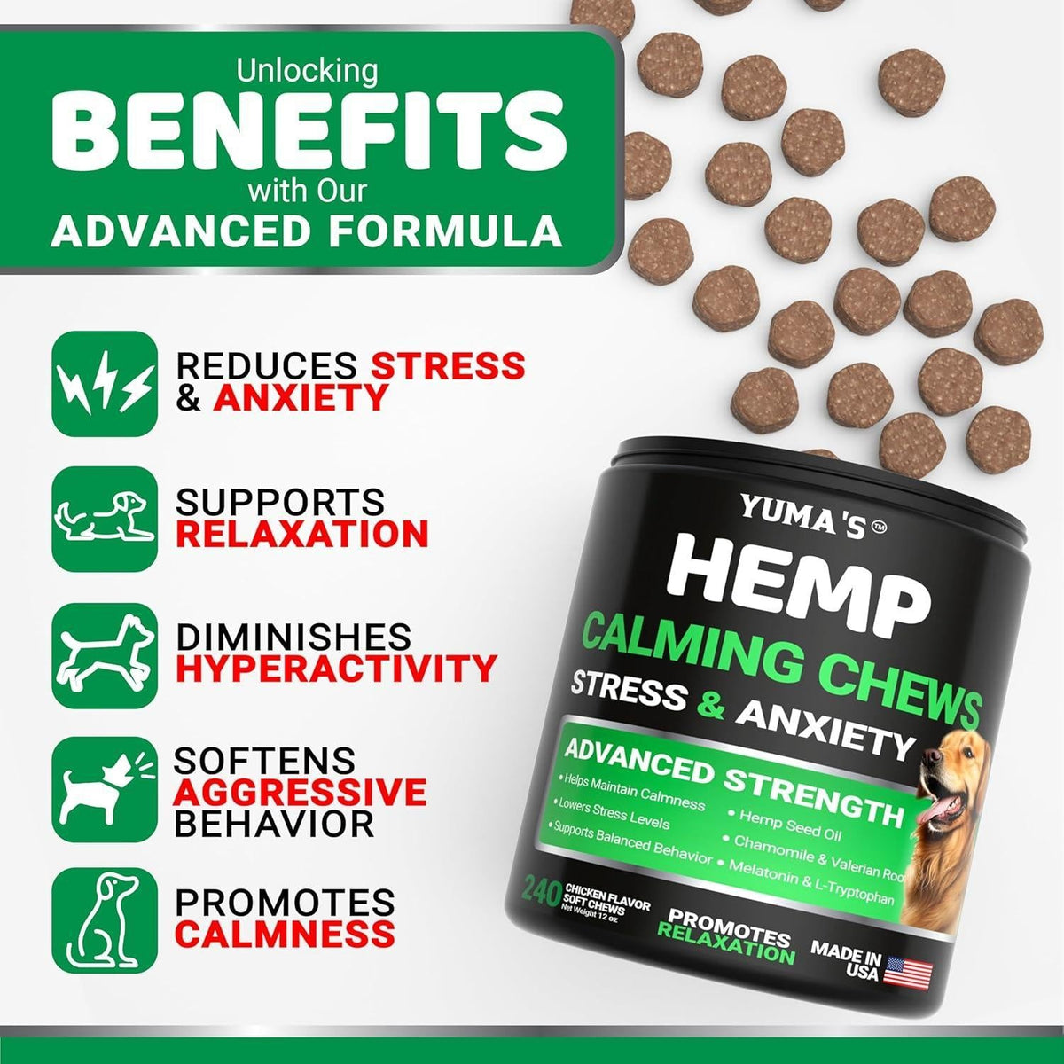 Hemp Calming Chews for Dogs 240 Count Anxiety Relief Melatonin & Chamomile