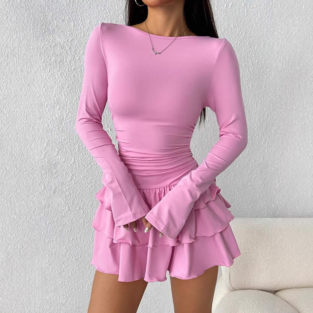 Round-neck Sheath Dress With Pleats And Long Sleeves