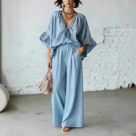 Women's Loose-Fit V-Neck Top & Wide-Leg Pants Two-Piece Set