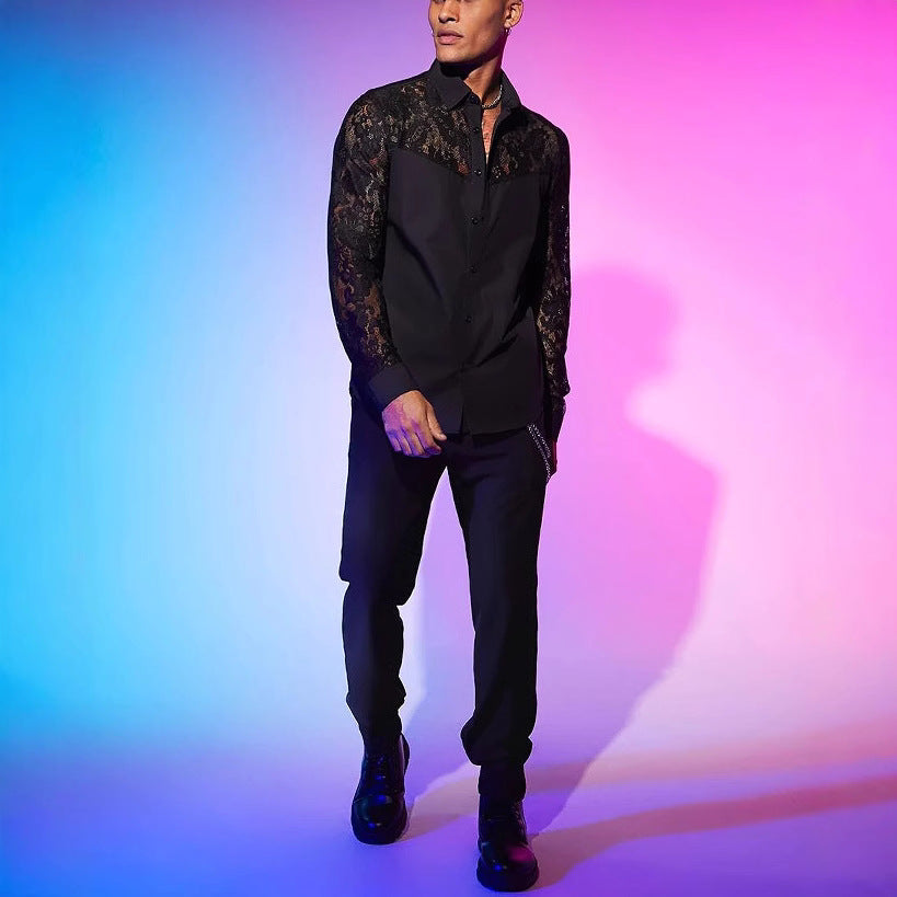 Men's New Lace-Patchwork Long-Sleeve Shirt Sexy Fashionable Statement Top