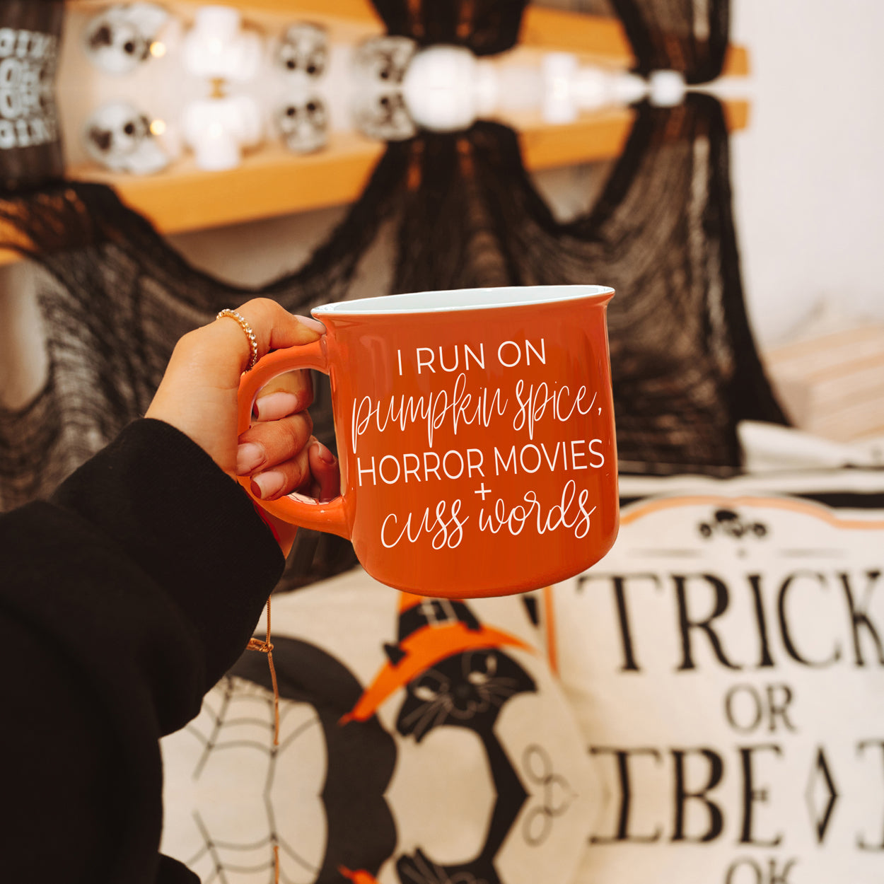 Pumpkin Horror Mug 14.5oz Orange Ceramic Campfire Dual-Sided White Text