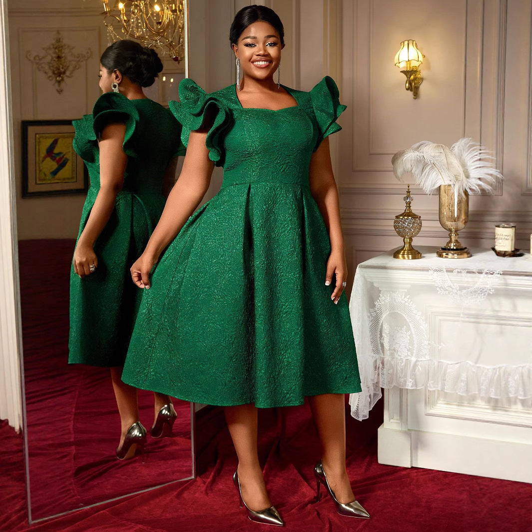 Lotus Leaf Three-dimensional Sleeves A- Hem Slimming Evening Dress