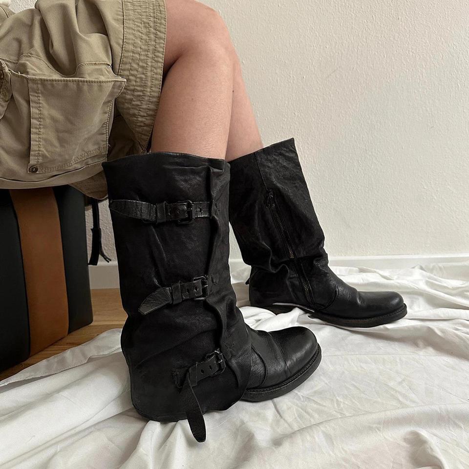 Womens Retro Leather-buckle Pleated Mid-calf Boots